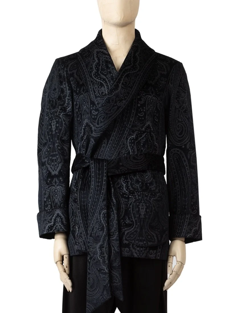 Navy Paisley Pure Cotton Devoré Velvet Smoking Jacket Handmade in